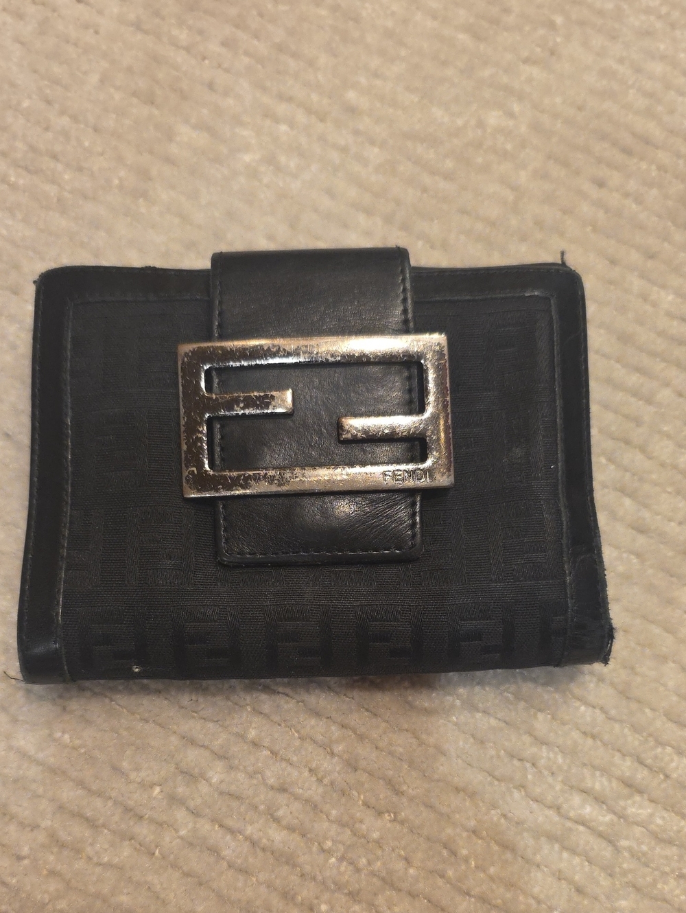 Fendi Black FF Logo Compact Wallet with Silver-Tone Buckle